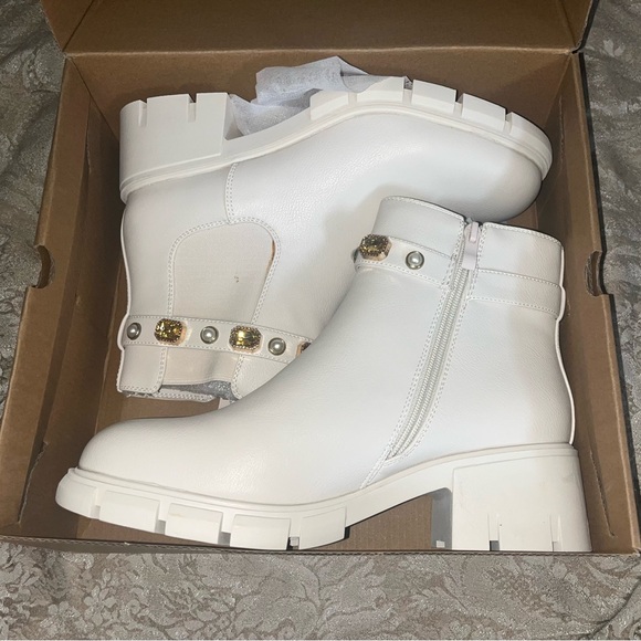 White Ankle Boots with Gold Accents - Picture 1 of 5